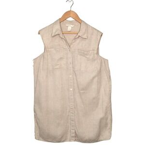 H and M Shirt Dress Womens M Linen Pocket Button Up Sleeveless Collar Beige